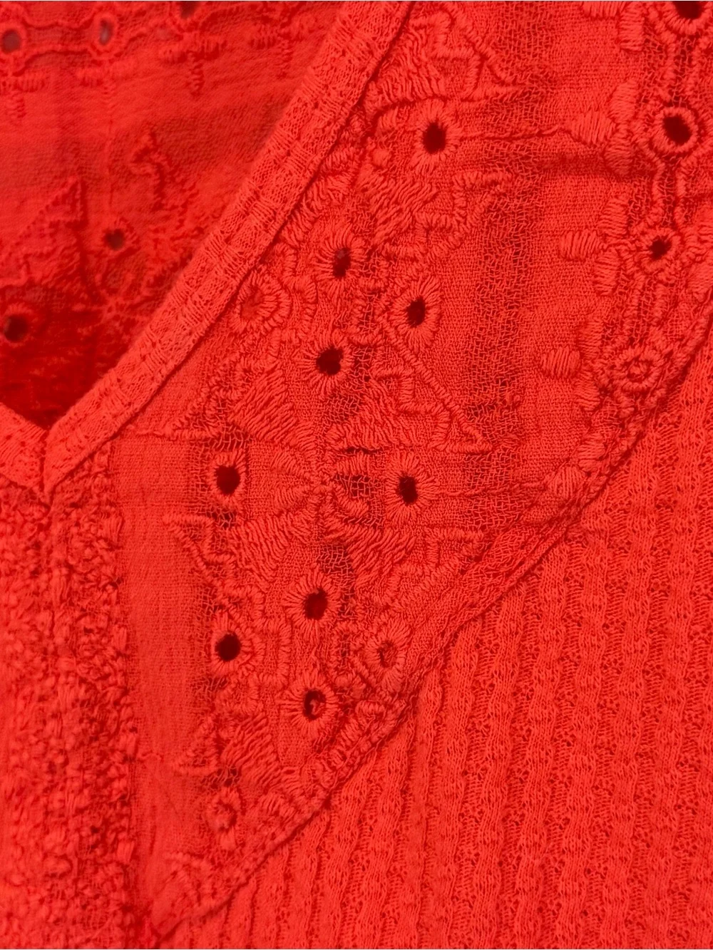 Free People Parisian Vermillion Top Embroidery Eyelet V-Neck Bell Sleeves